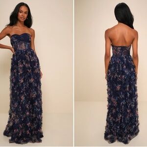 LULU's Floral Sexy Flowy Prom Wedding Chic Bustier Boho Tiered Ruffles Maxi